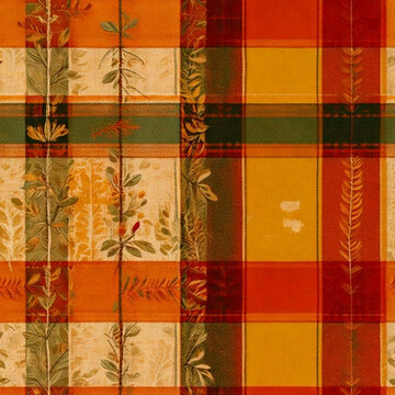 Autumnal plaid background with vertical leaf and plant motifs