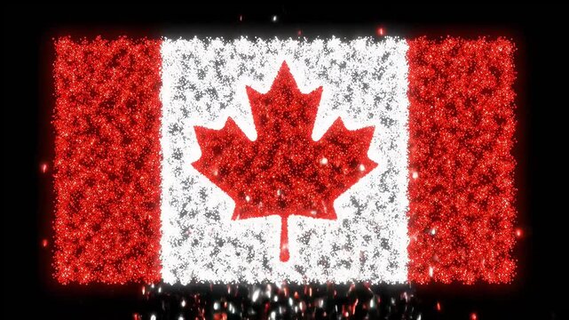 Canadian flag with maple leaf forming from glowing red and white particles animation