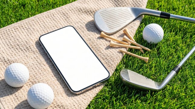 Smartphone with blank screen placed on grass beside golf balls, tees and clubs, sports app mockup for golf leisure, equipment promotion or booking service