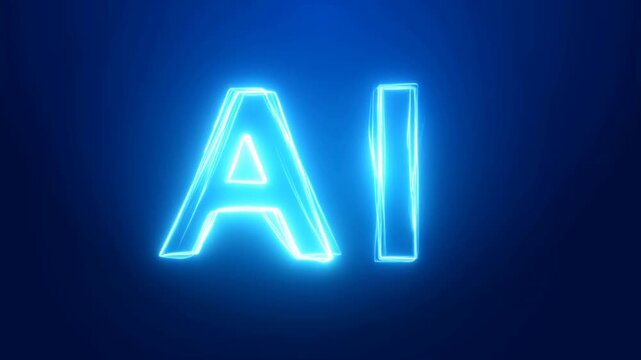 Slow zoom in on glowing neon ai letters revealing pulsing outline in dark studio interior with blue cyan lighting and subtle vignette