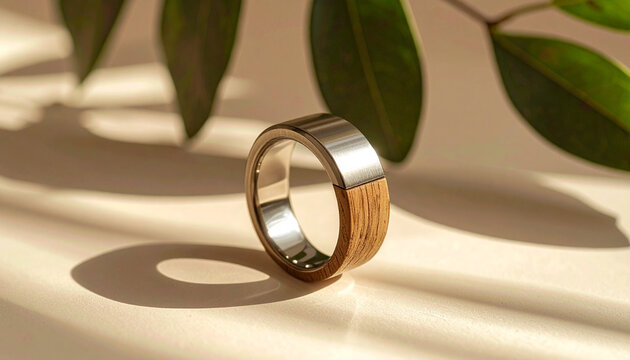 Modern ring: light oak wood and titanium
