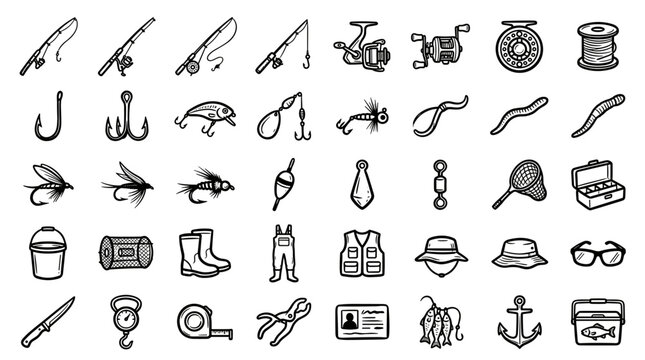 Comprehensive collection outlining essential fishing gear and tackle for anglers presented as line art icons
