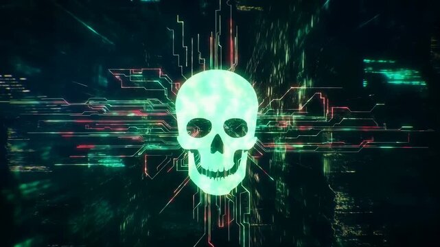 Cybersecurity threat looms: digital skull animation with glitch effects and code elements