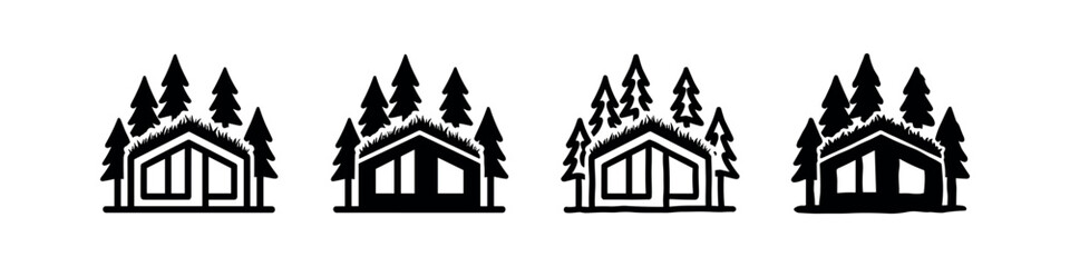 Fototapeta premium Four Log Cabin Icons: Outline and Filled Black and White