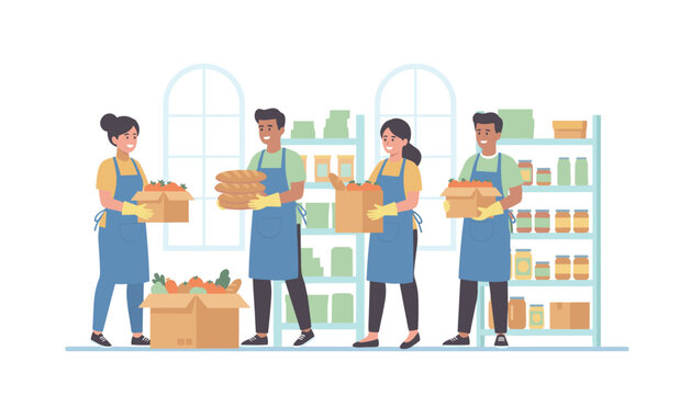 Volunteers wearing blue aprons packing food boxes in a warehouse with shelves filled with grocery supplies for charity aid.