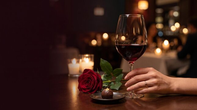 woman hand with engagement ring holding red wine glass at romantic dinner