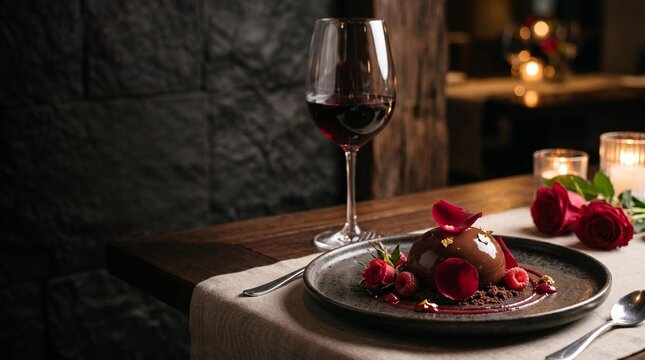 gourmet chocolate dome dessert with red wine and roses on restaurant table