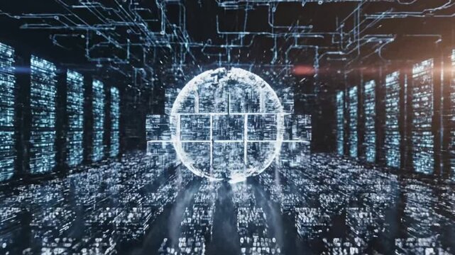 Abstract technology big data visual with fast moving light patterns in a server background