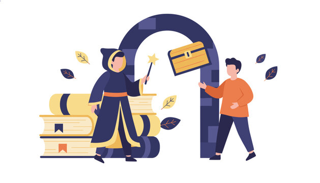 Wizard holding magic wand casting spell on floating treasure chest for young boy with book stacks in fantasy setting.