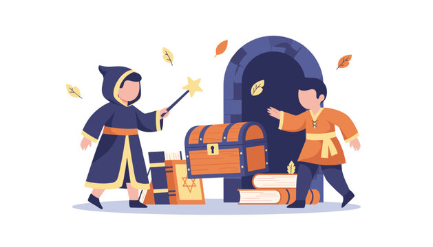 A young boy and a wizard with a magic wand interact with a levitating treasure chest near an ancient stone archway and book piles.