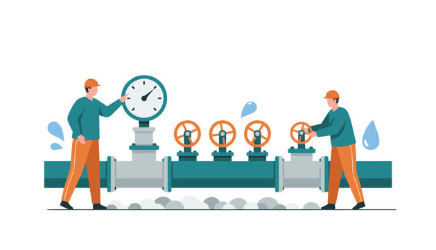 Industrial workers in orange uniforms operating water pipe valves and checking pressure gauges to manage fluid flow systems.