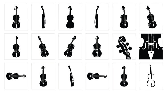 Collection of various violin and cello silhouettes in different orientations.