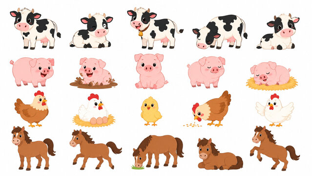 Cute Farm Animals Cartoon Grid Set of 20 Cows Pigs Chickens Horses
