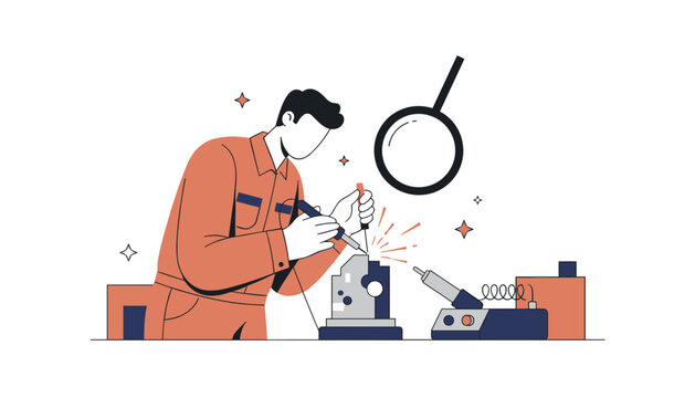A worker solders a small metal part with a magnifying glass overhead on a blue workbench in a bright electronics assembly setup.