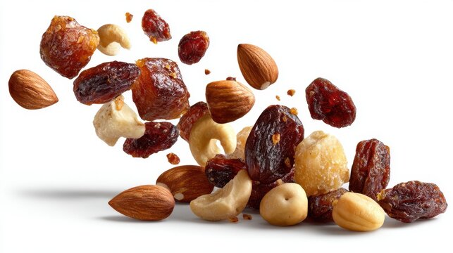 Assorted Nuts and Dried Fruits in Mid-Air, Appearing Fresh and Healthy, Perfect for Snacking or Baking, Promotional and Editorial Use, Isolated on White Background