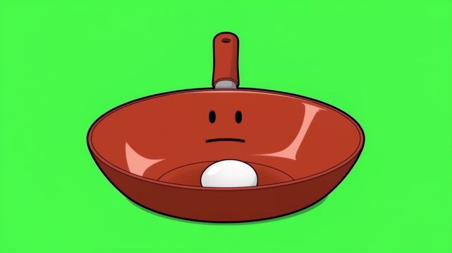 A cartoon illustration depicts a grumpy, anthropomorphic frying pan with a face, holding a single egg in its center against a vibrant green background.