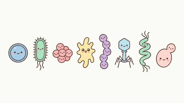 Cute cartoon bacteria and virus characters set vector illustration of microorganisms.