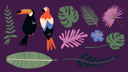 Obraz premium Vector illustration of tropical birds and leaves on a purple background.