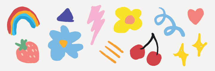 Fototapeta premium Colorful vector doodles with rainbow, hearts, flowers, cherries, and stars.