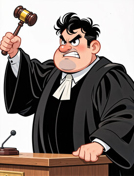 Funny cartoon illustration of a determined young judge with a stern face and oversized nose on a white background.