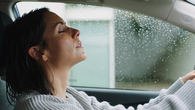Woman resting inside car, closing eyes and taking a deep breath at the steering wheel on a rainy day, slow motion side profile
