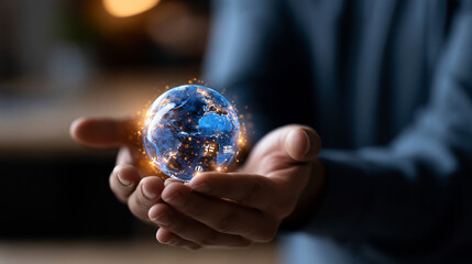 Fototapeta premium A close up of European hands holds softly a glowing AI translation globe with language icons in a moody office AI translation faceless detail softly defocused backdrop dark