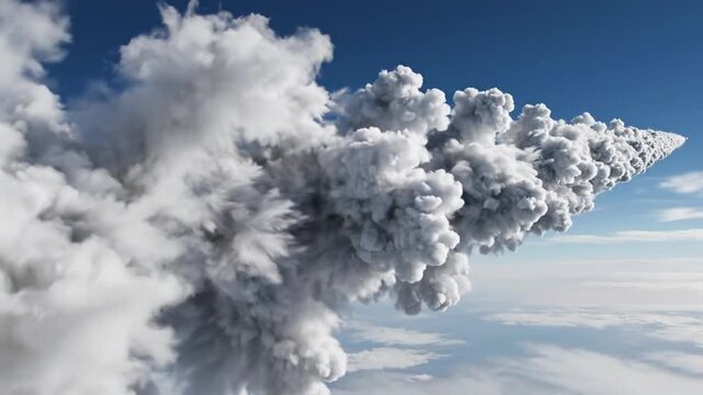 Detailed smoke trail from a rocket in clear blue sky over clouds during daytime