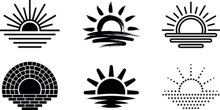 Six diverse sun and sunrise icons on a transparent background, black and white set.