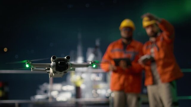 Close up of drone used by offshore platform engineering team to find fossil reserves during oil crisis while drilling ship coworkers use aerial reconnaissance UAV to circumvent blockade.