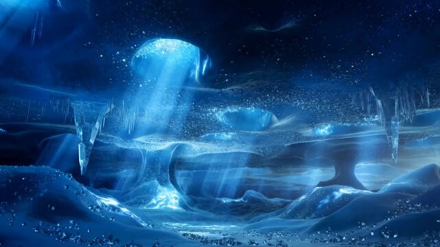 Ethereal ice cavern with shimmering waterfalls and glowing crystals in motion