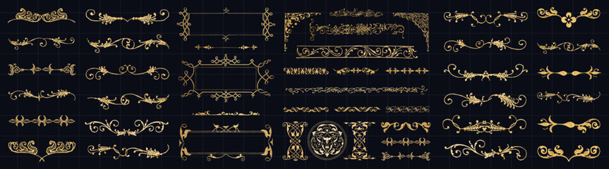 Elegant gold ornamental dividers and frames vector on a dark background.