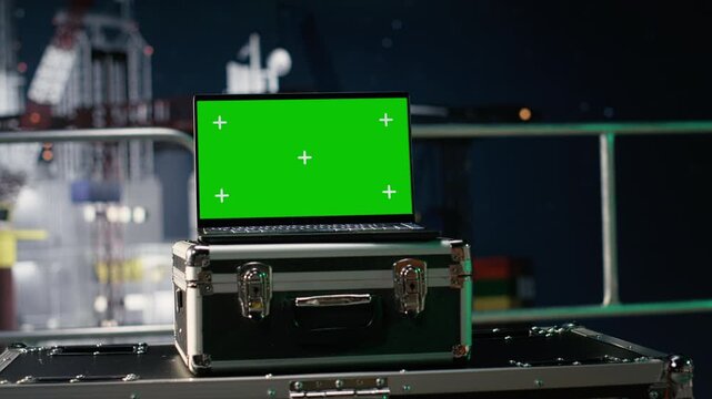 Isolated screen, oil supply crisis and laptop software on drilling rig evaluating energy security risks with green screen laptop mockup.