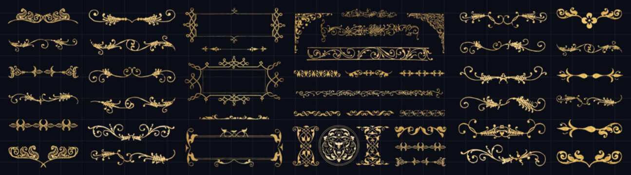 Elegant gold ornamental dividers and frames vector on a dark background.