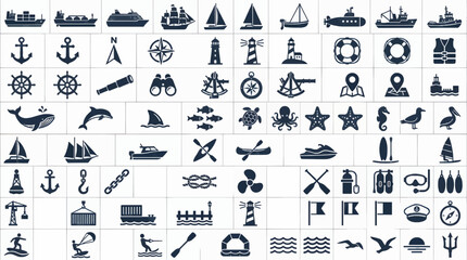 Flat Navy Blue Nautical and Marine Icons Collection, Vector Graphic Elements for Sea Travel and Ocean Themes, Including Ships, Anchors, Lighthouses, and Marine Life © Moh