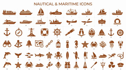 Flat Vector Nautical and Maritime Icons Collection, Burnt Sienna Color, Including Ships, Boats, Lighthouse, Anchor, Compass, Lifebuoy, and Marine Life © iga