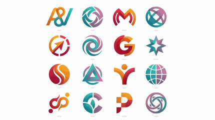 Fototapeta premium Collection of Sixteen Modern Minimalist Logo Icons, Abstract Geometric Shapes and Symbols, Gradient Colors, Vector Graphics
