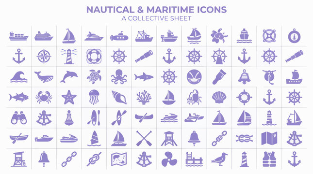 Nautical and Maritime Icons Collection, Flat Lavender Vector Graphics Featuring Ships, Anchors, Marine Life, and Navigation Symbols