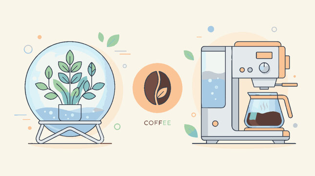 Flat line vector illustration of a modern coffee maker machine next to a green plant terrarium.