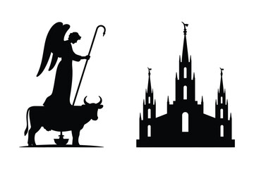 Naklejka premium Religious statue with angel and bull and majestic cathedral building silhouettes
