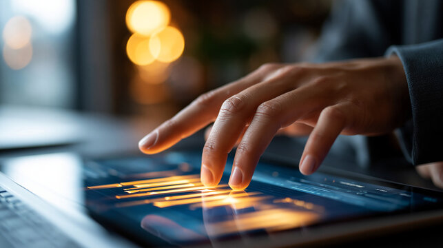 A close up of a European hand touches softly a glowing investment portfolio dashboard in a moody office investment portfolio faceless detail softly defocused backdrop dark
