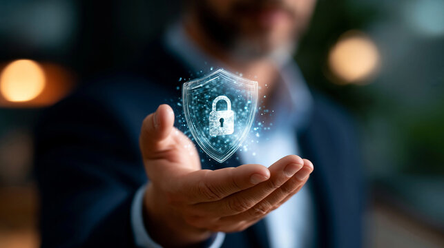 A close up of a European hand presents softly a glowing digital shield and padlock icon for data protection in a moody office data protection faceless detail softly