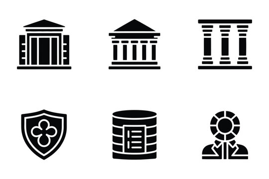 Set of black and white administration and law icons with administration, building