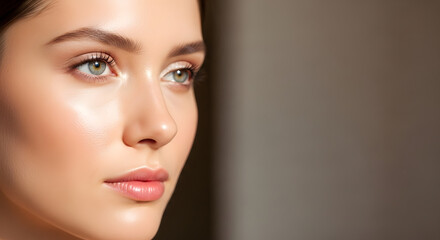 Fototapeta premium Beautiful Woman Face Close-up, Natural Glow, Soft Light, Beauty Portrait