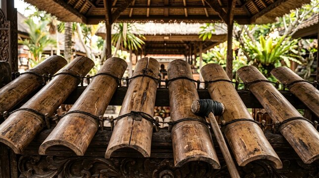 Close-up photorealistic rindik traditional musical instrument made of bamboo tubes in Bali garden setting