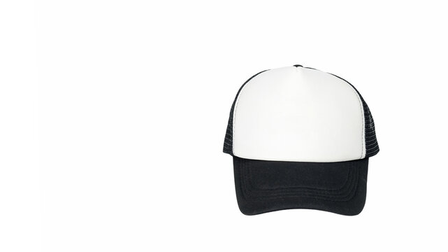 black and white mesh baseball trucker hat placed centrally and turned to the right side on white background
