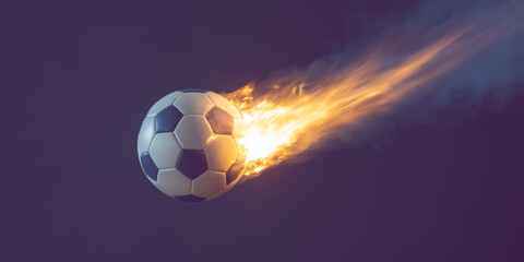 Fototapeta premium Soccer ball on fire flying through dark space