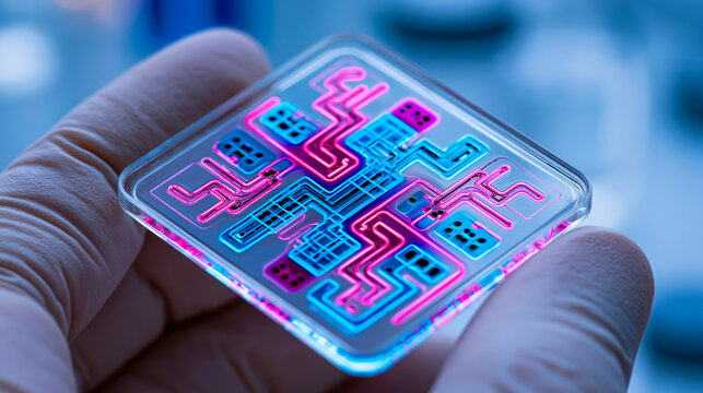 Microfluidic biochip glowing neon held in laboratory