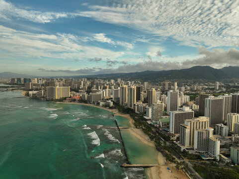 Aerial view of Waikiki Beach in Honolulu, Oahu, Hawaii