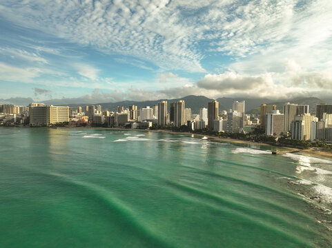Aerial view of Waikiki Beach in Honolulu, Oahu, Hawaii from the ocean