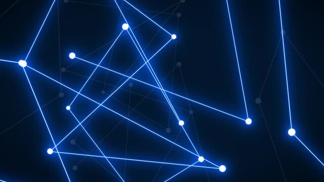 Futuristic dark blue background with glowing connected nodes and luminous lines forming an animated digital network. Abstract data visualization. communication systems, and internet infrastructure 